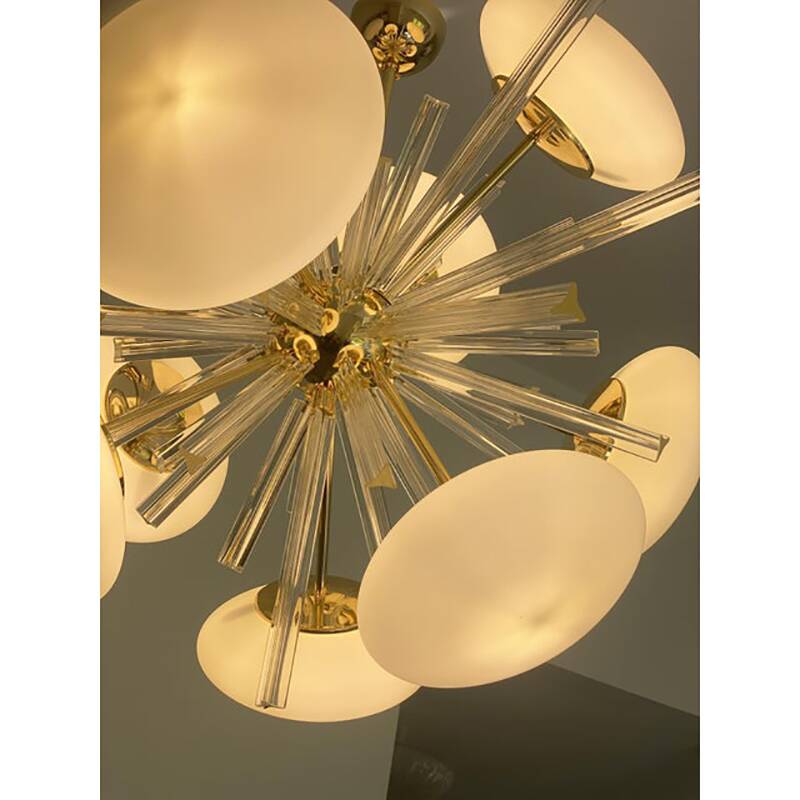 Contemporary Triedro and White Murano Glass Sputnik Gold Chandelier