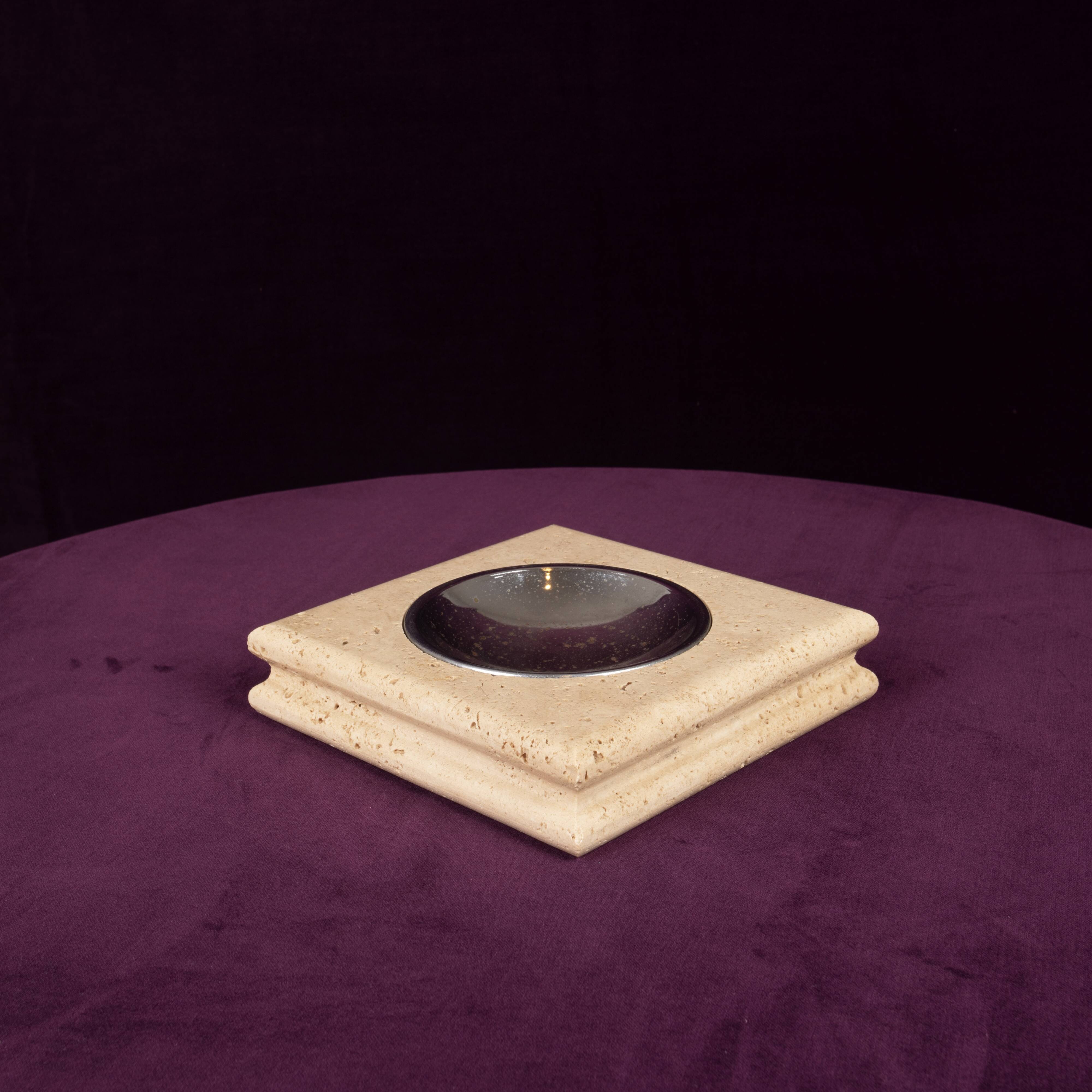 Square Italian Travertine Ashtray with Removable Metal Dish 1970