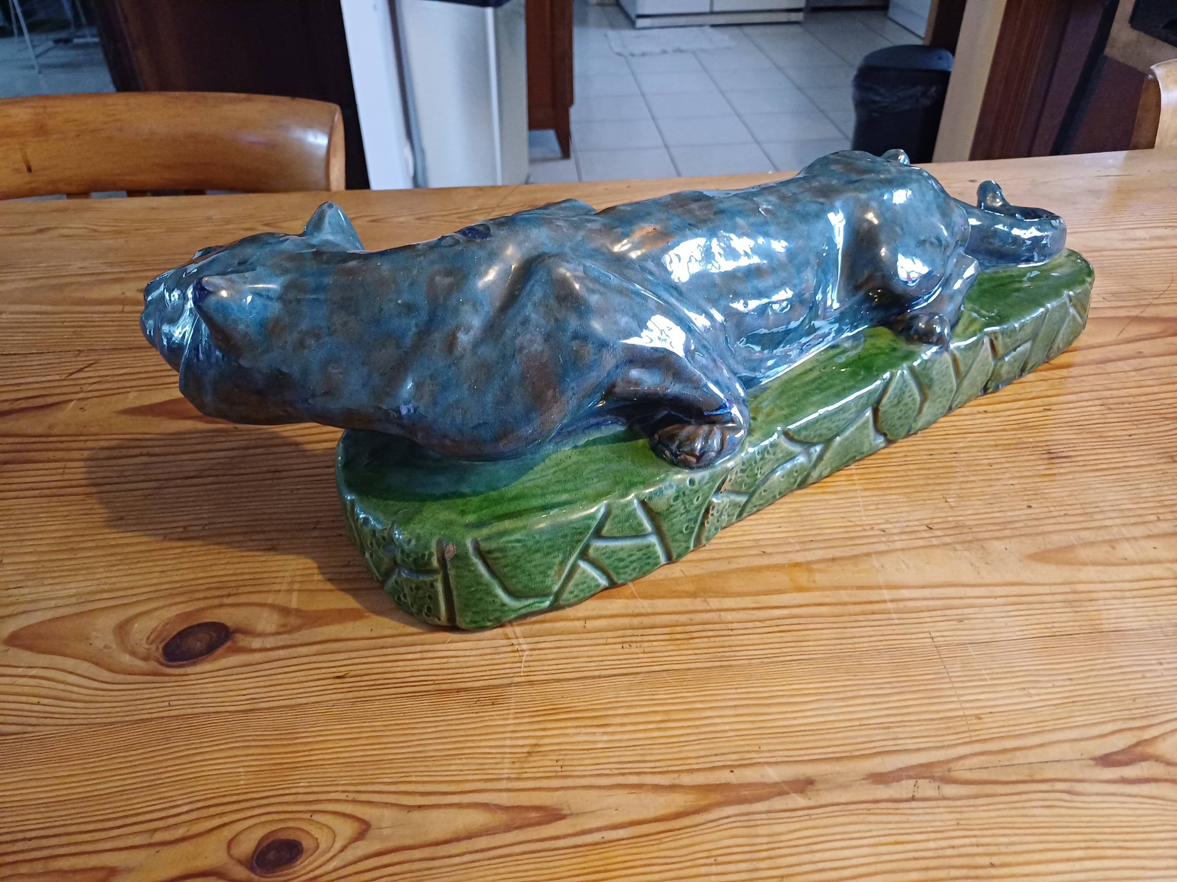 Blue and green Panther glazed ceramic