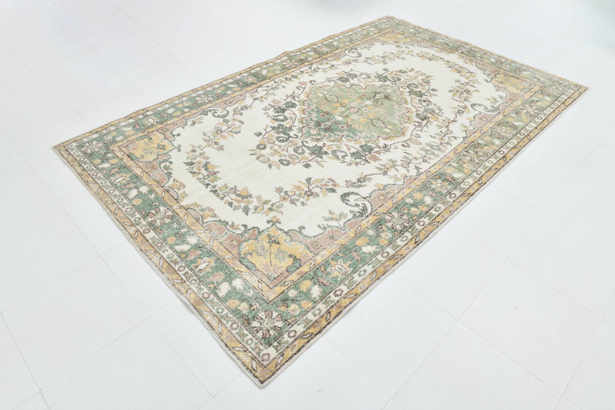6x10 Beige & Green Geometric Pattern Anatolian Vintage Rug, 185x296 Cm