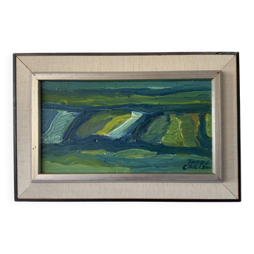 Peinture vintage représentant un paysage abstrait moderniste par Thabe Carlson, 1971