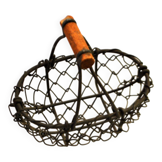 Miniature vintage metal woven and wooden egg basket – doll toy