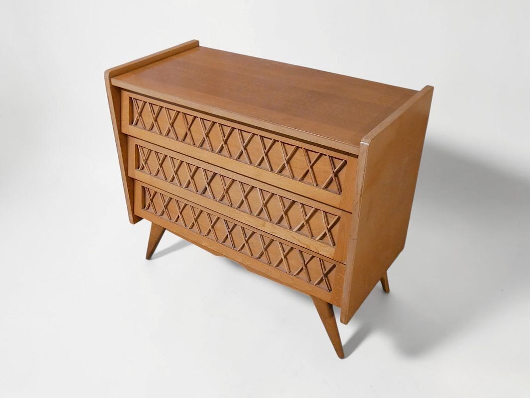 Commode rotin scandinave pieds compas - Vintage 1960