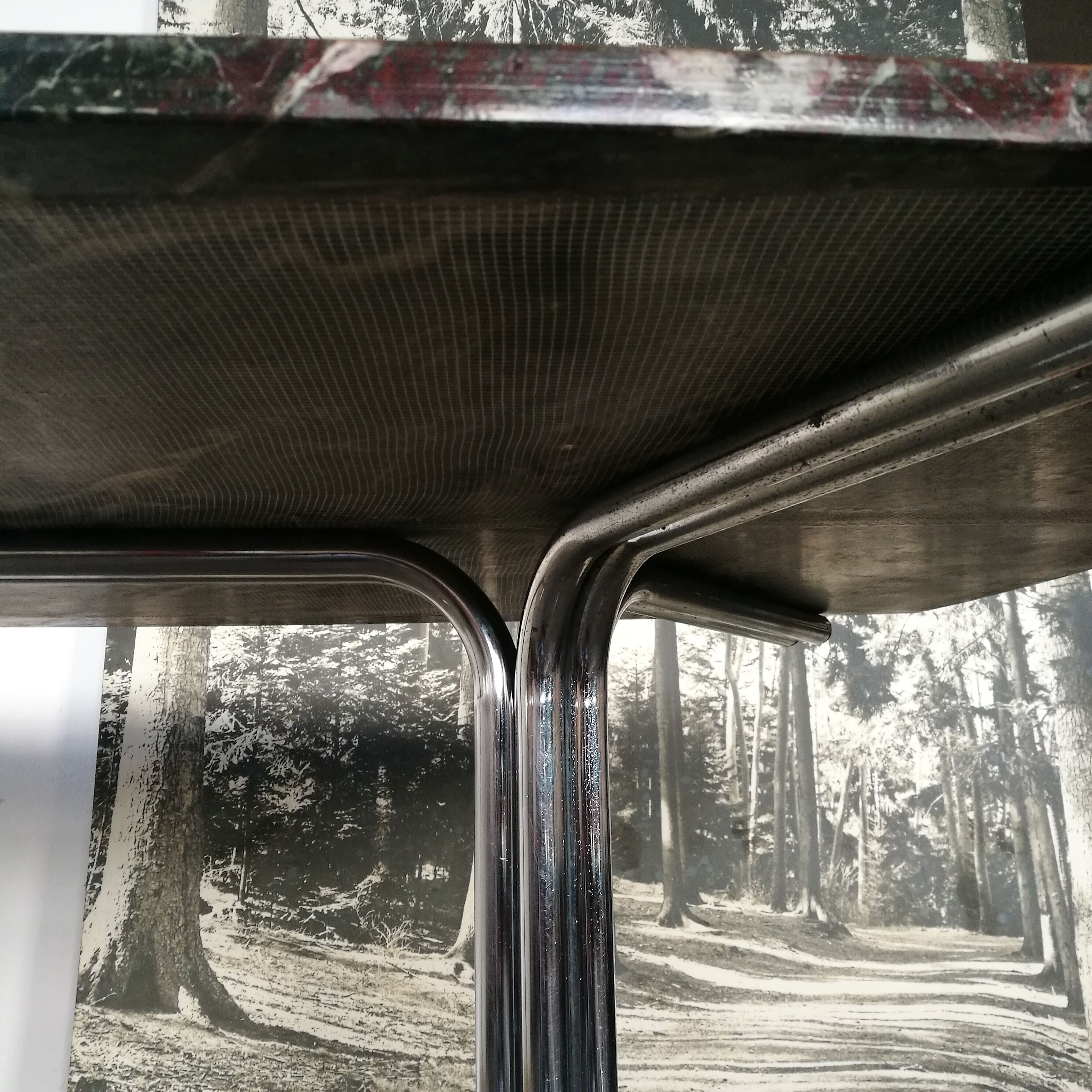 Table, chrome foot, red marble