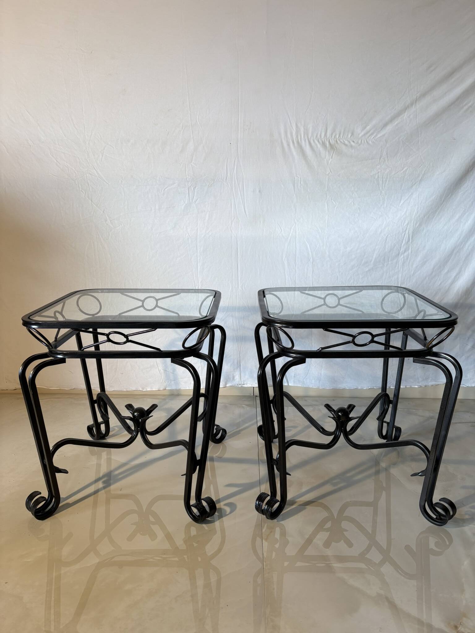Pair of vintage wrought iron and glass side tables – Mediterranean style