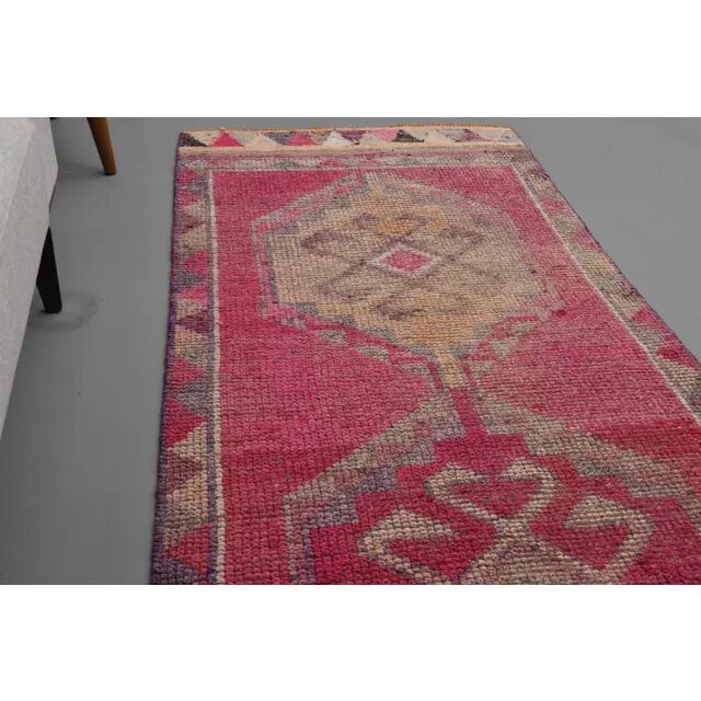 Vintage Turkish Hand-Knotted Wool Cotton Pink Runner Rug 95x309