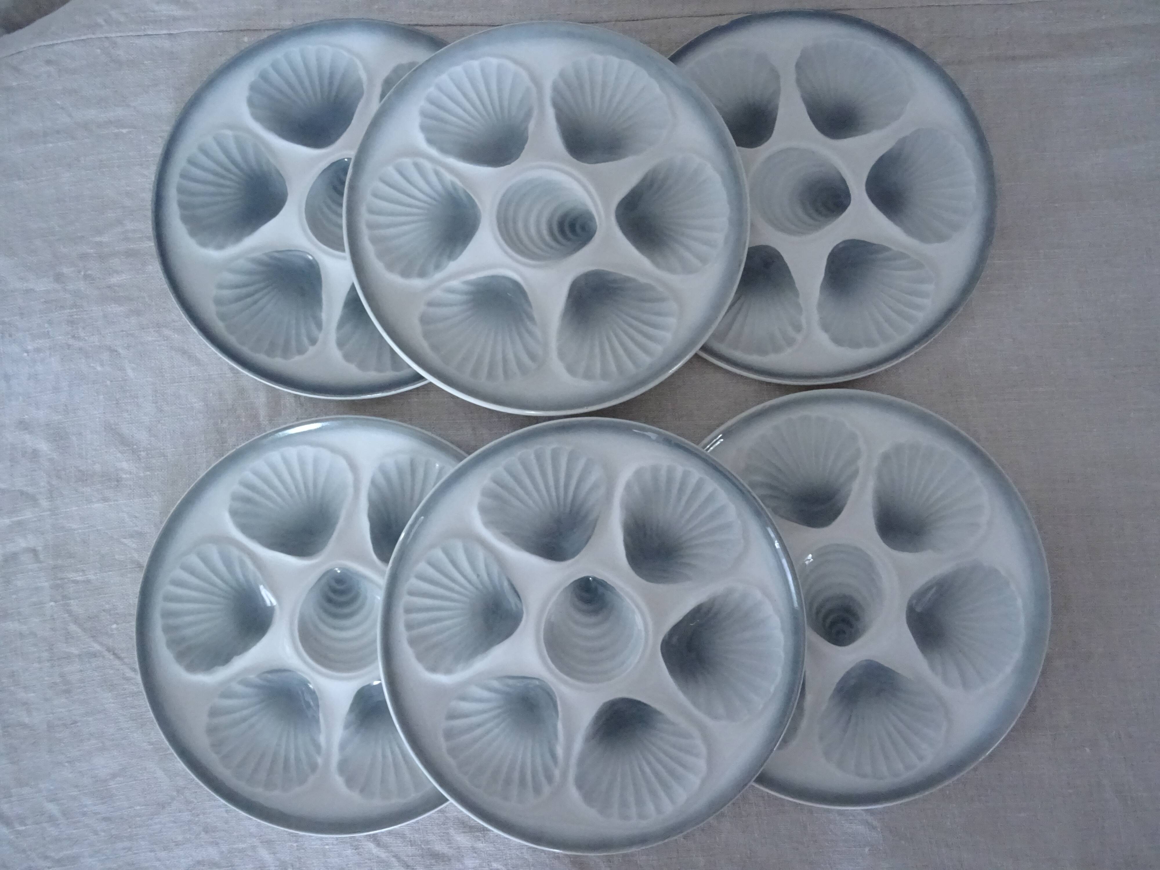 6 oyster plates slip mill wolves blue gray 1492 old faience