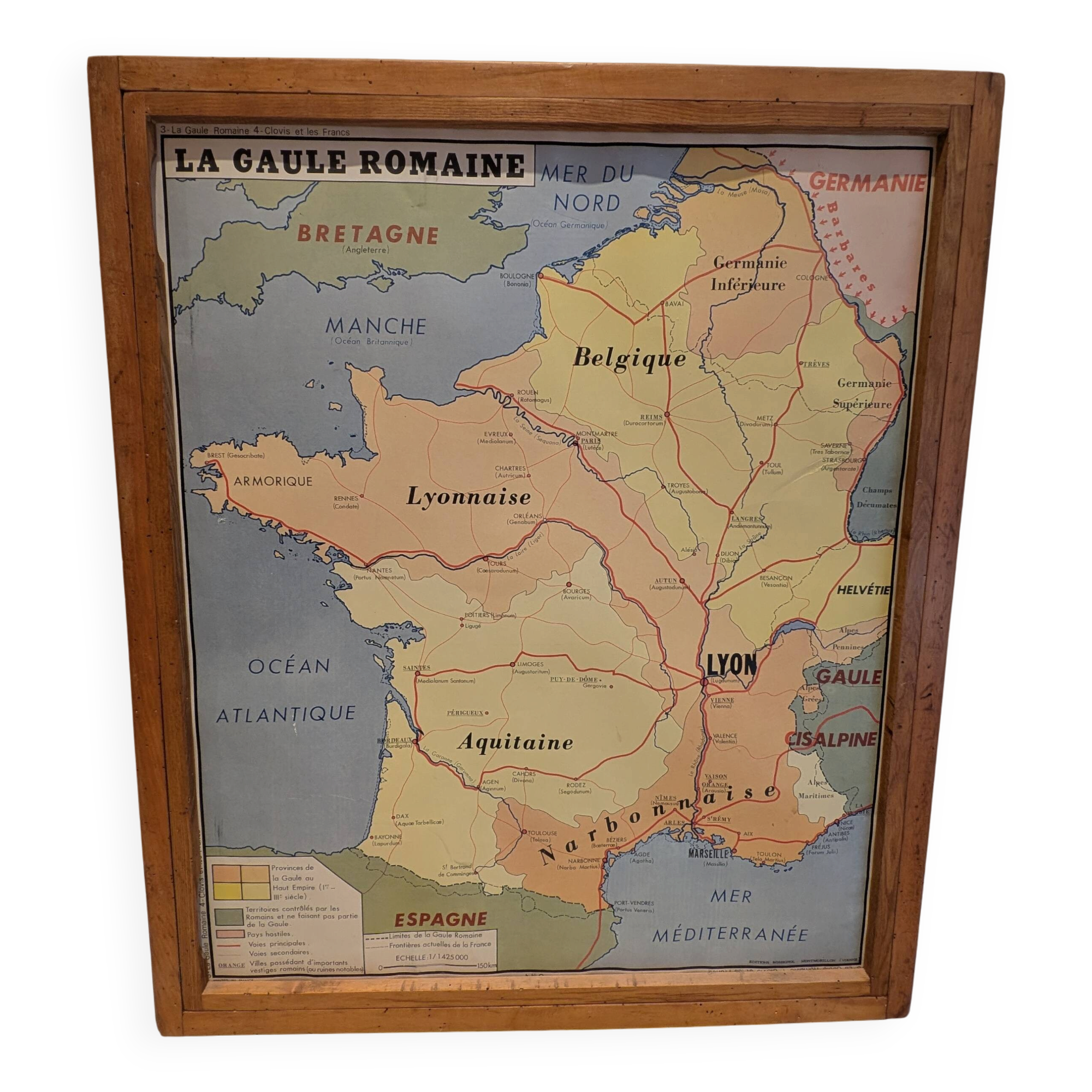 Set of 4 Vintage School Maps ROSSIGNOL Montmorillon + Wooden Frame