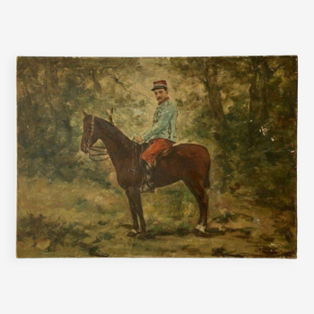 Oil on Zouave military panel on a horse in the forest late 19th century