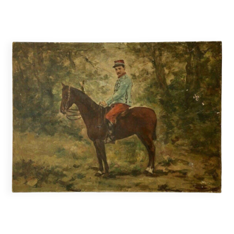Huile sur panneau militaire zouave sur un cheval dans la forêt, fin XIXe