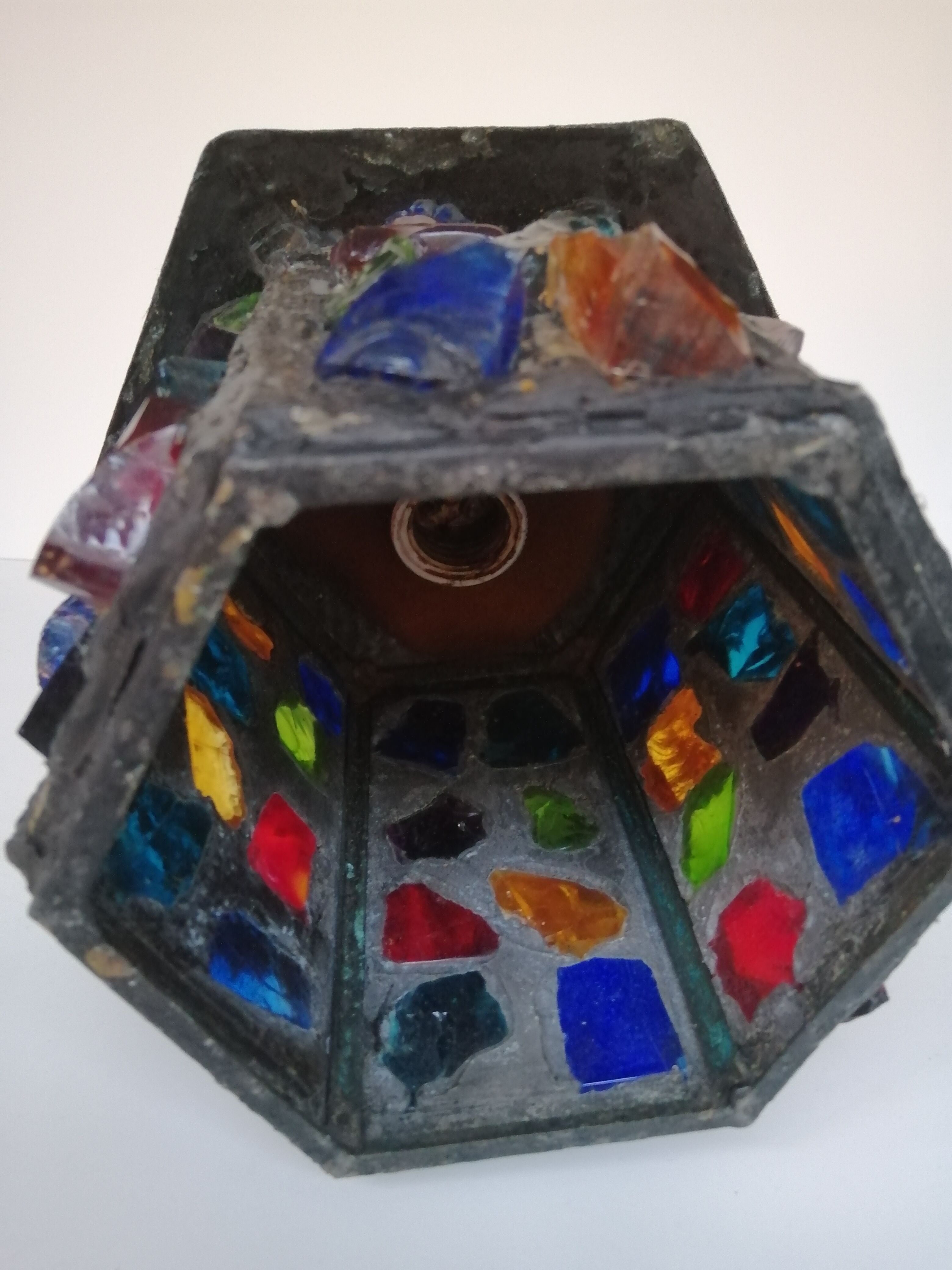 Peter Marsh porch lantern, colored glass, lead and Hammered Sheet metal, 1950s Arts & Crafts