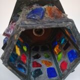 Peter Marsh porch lantern, colored glass, lead and Hammered Sheet metal, 1950s Arts & Crafts