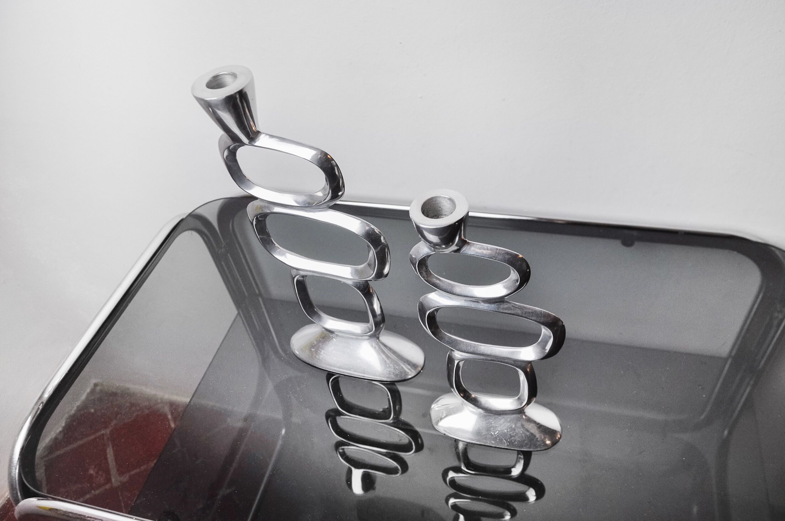 Pair of circle candlesticks by Matthew Hilton, England, 1980