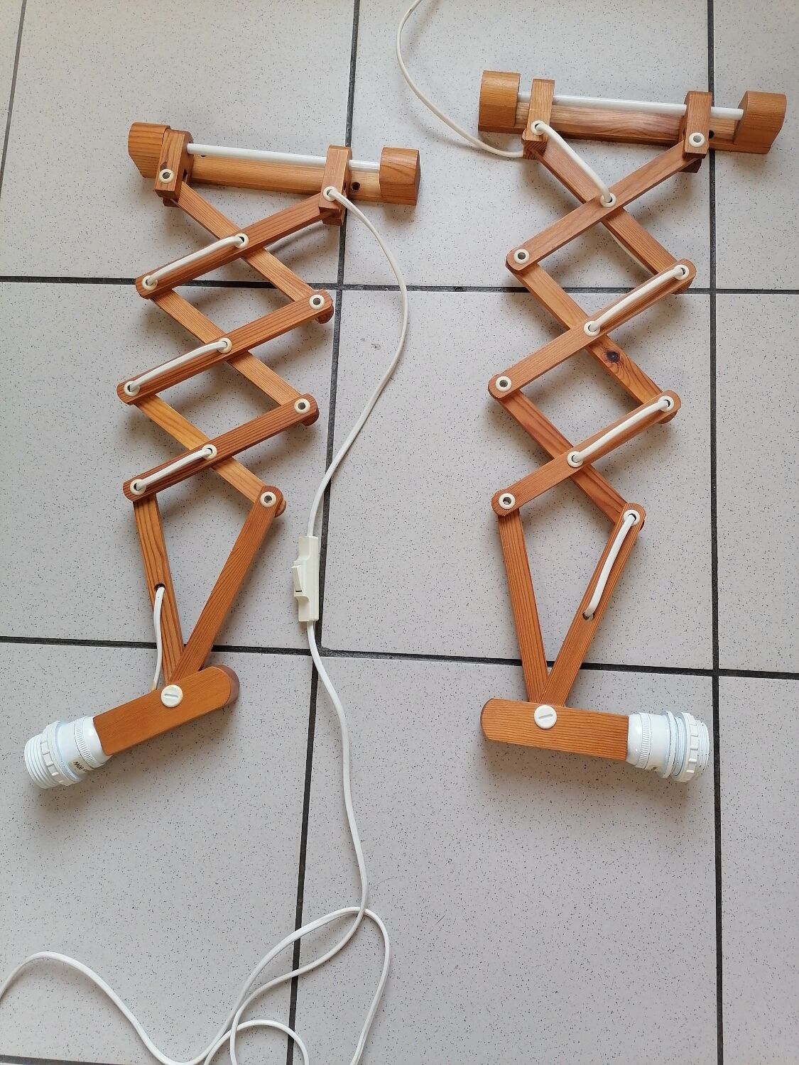 Pair of wooden scissor wall lamps