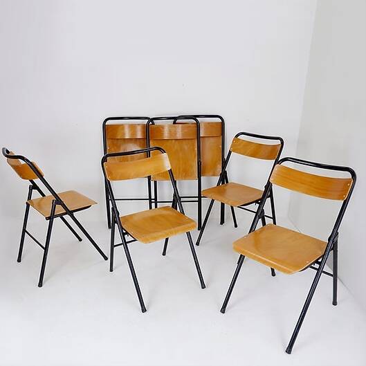 Vintage Set of 7 folding chairs in metal and wood - 1960s