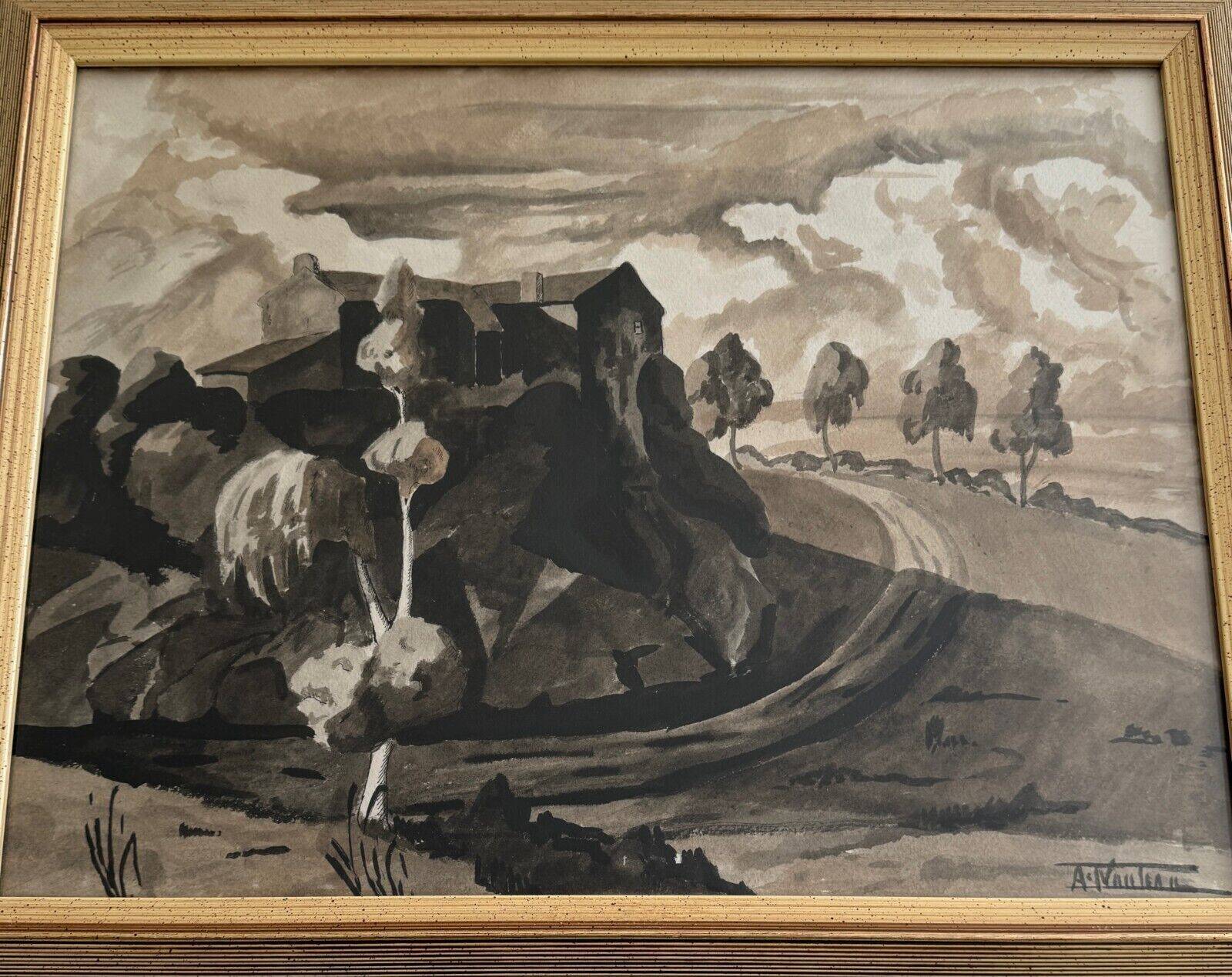 Watercolor on paper André-Charles Nauleau landscape with path 20th century