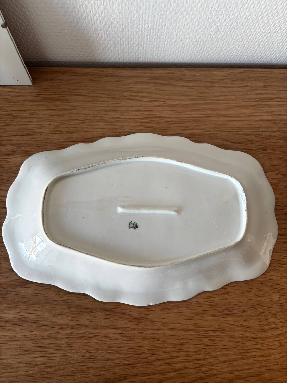 Vintage serving dish with green and gilt defects, Limoges porcelain