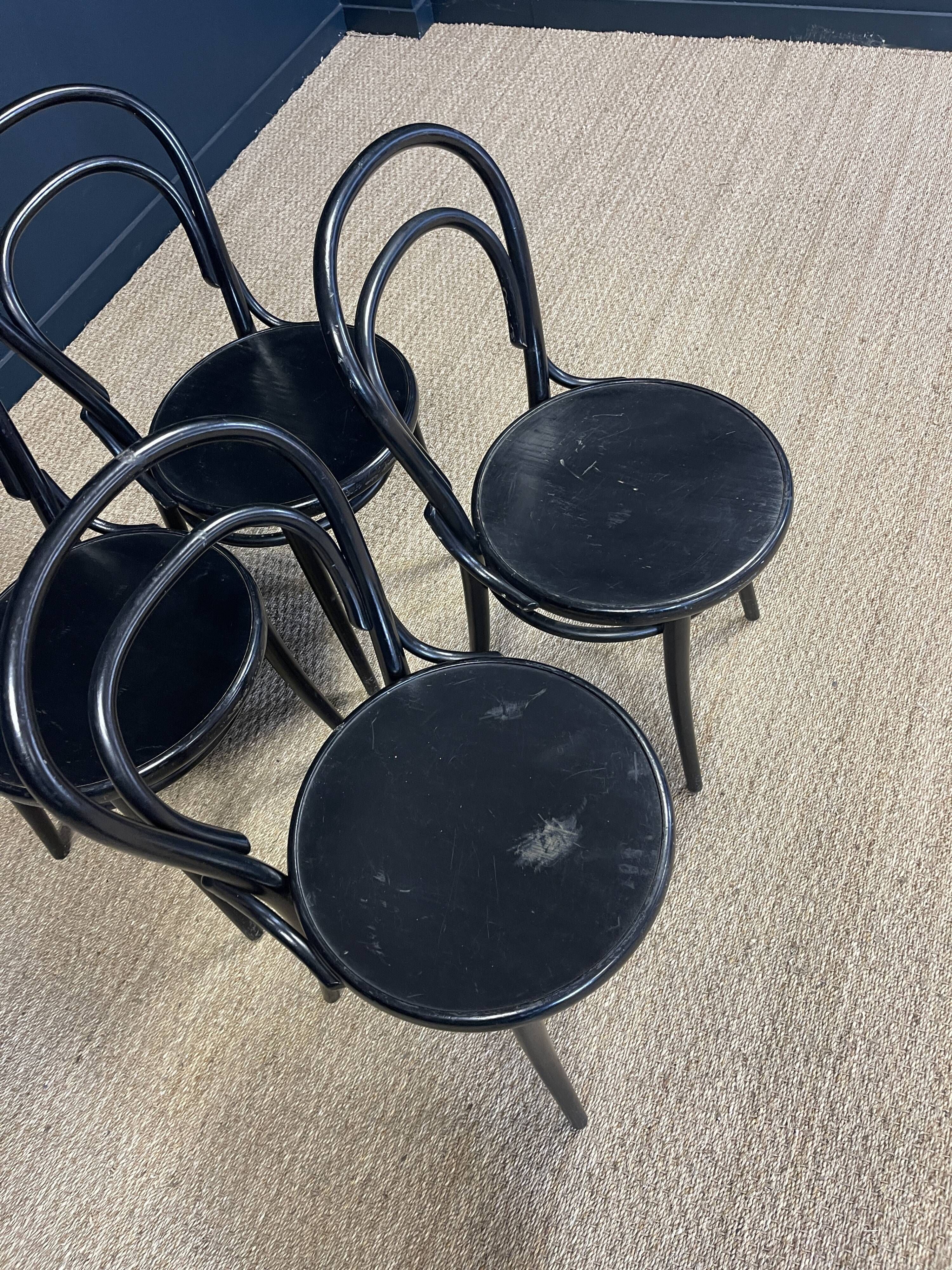 Set of 4 black curved wooden bistro chairs TON Czech Republic 80s