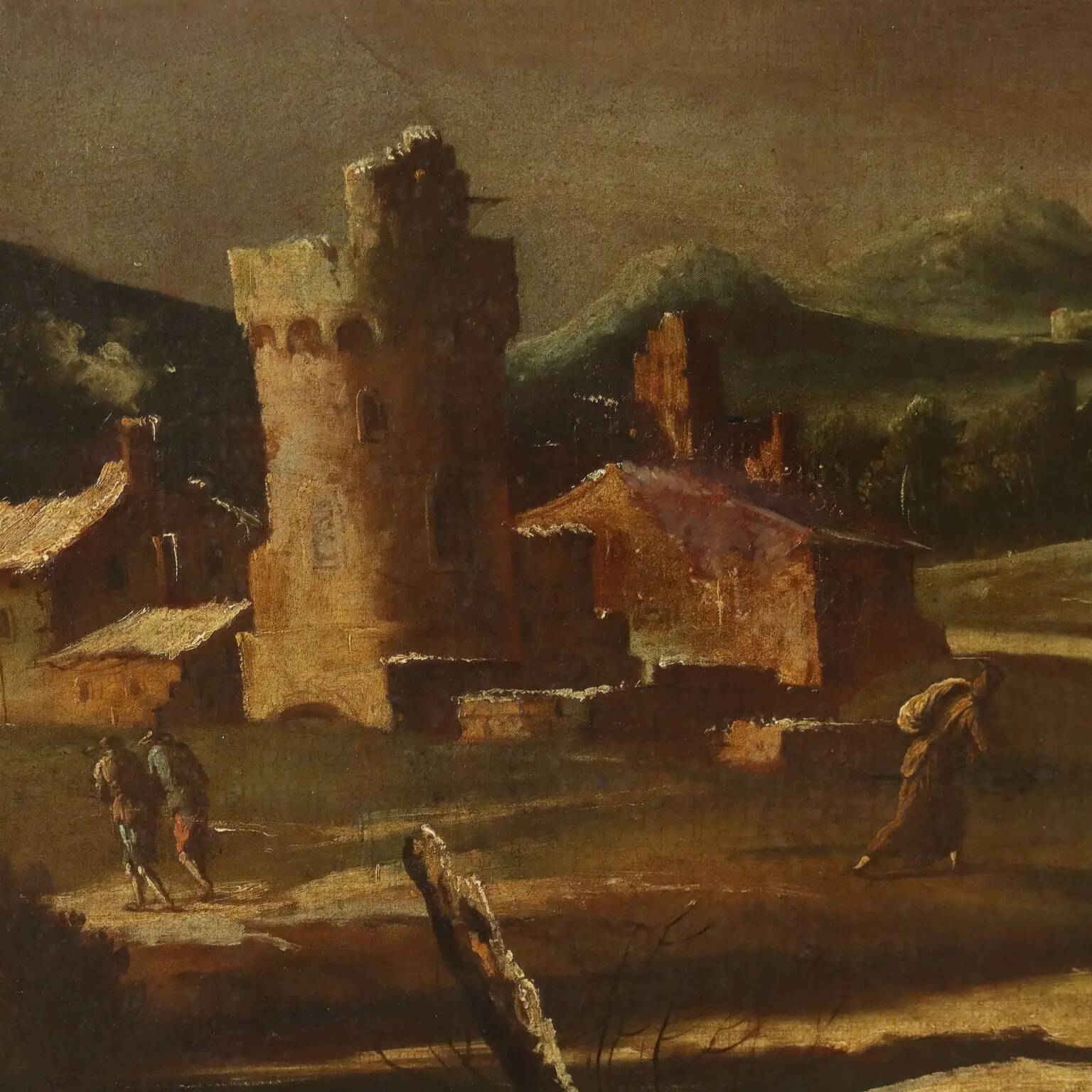 Ancient table, influence of Marco Ricci, winter landscape '700