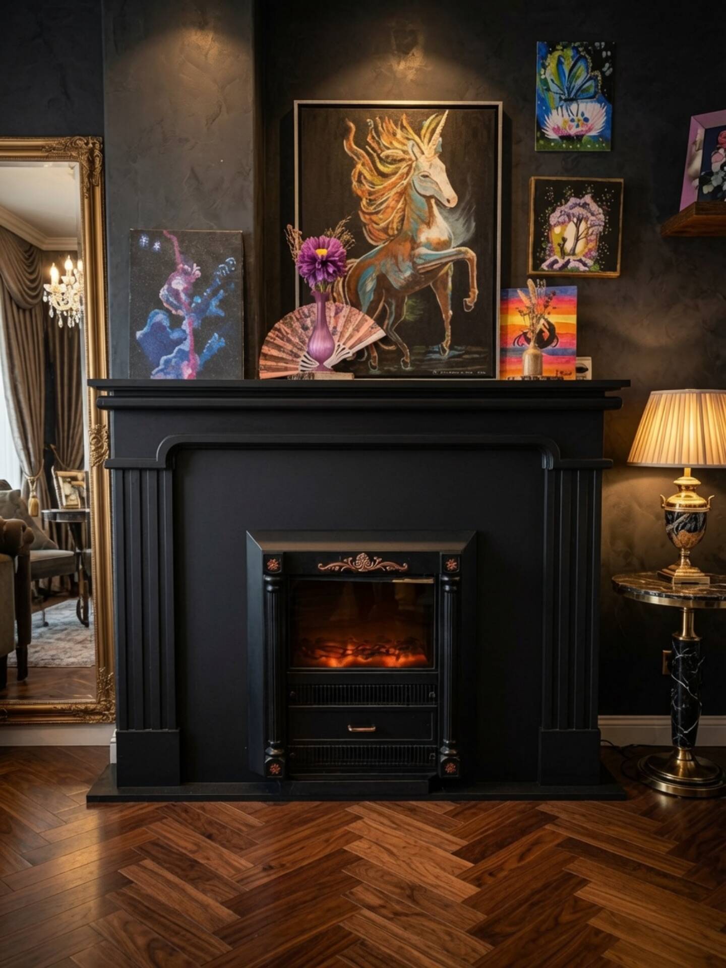 Luxury electric fireplace and classic black mantel suite