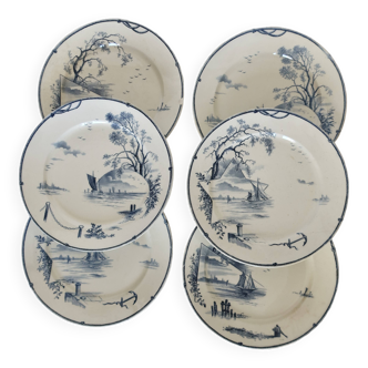 Assiettes plates antiques faïence de Gien XIXème modèle Marines