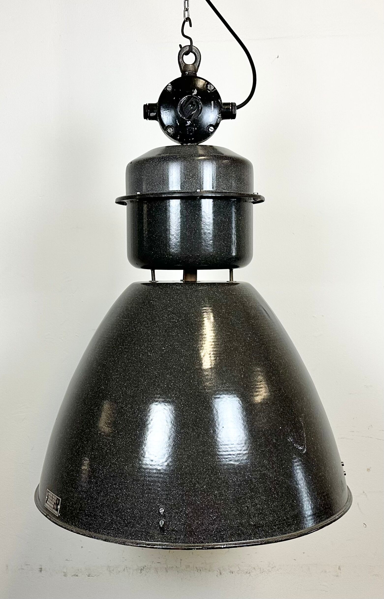Dark grey enamel industrial factory lamp from elektrosvit, 1960s