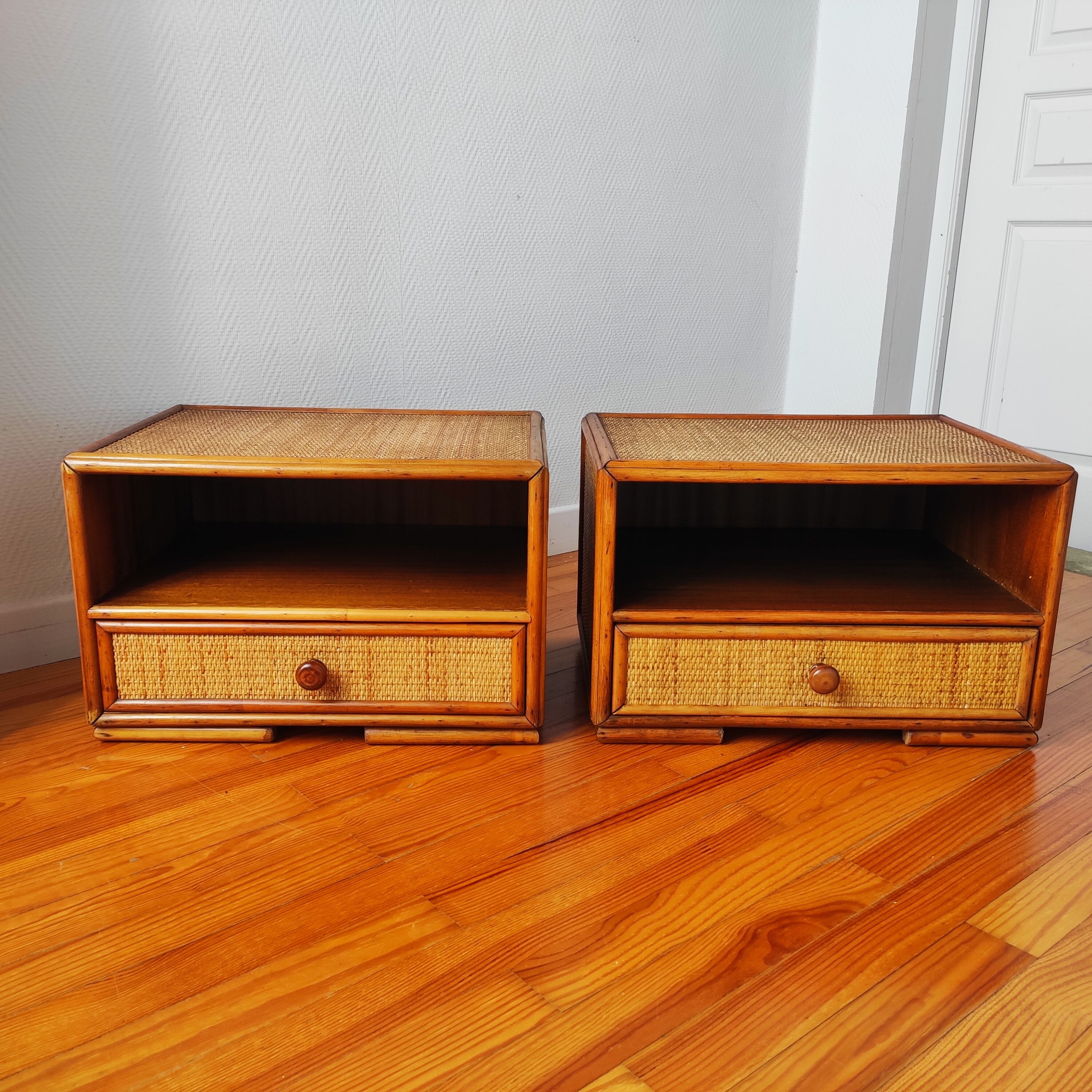 Pair of rattan bedside tables