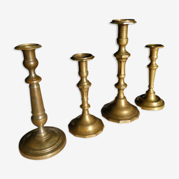 Set of 4 old candle holders in golden brass (N°3)