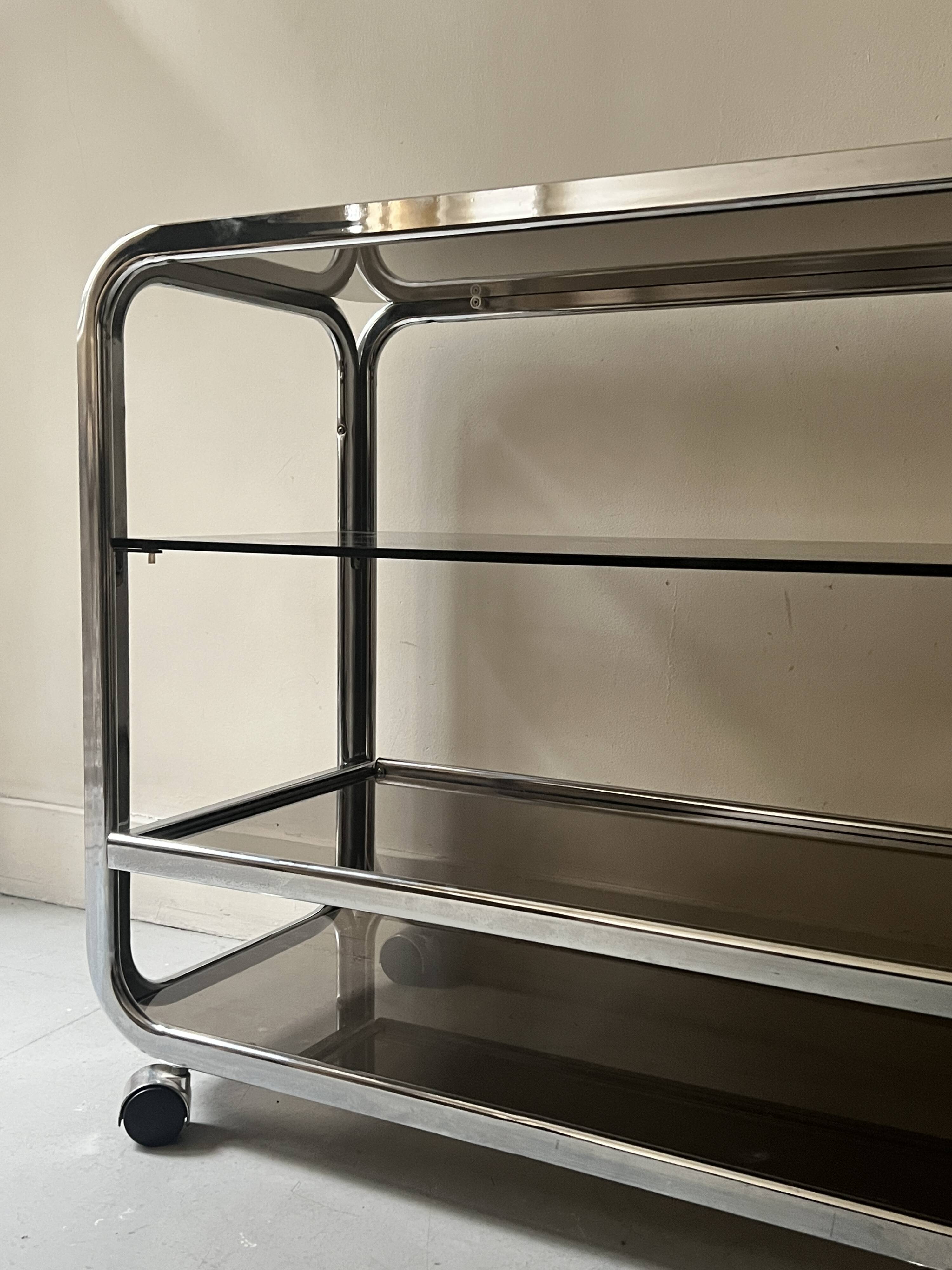 Hi-fi furniture sideboard/bar in smoked glass and chrome, 1970s design.