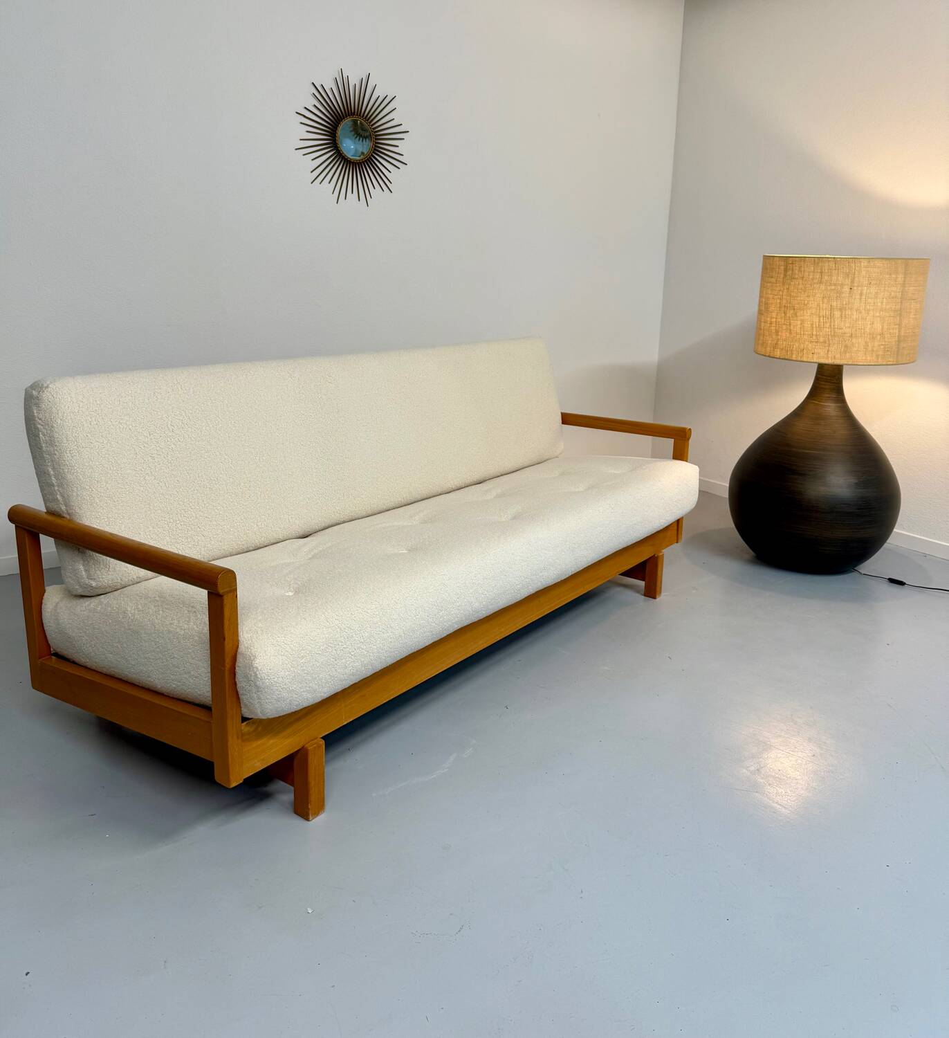 Old solid wood sofa, 70s design, vintage terry fabric