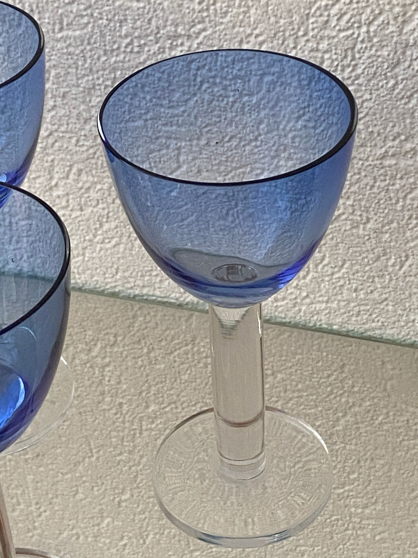 Six two-coloured wine or cocktail glasses.