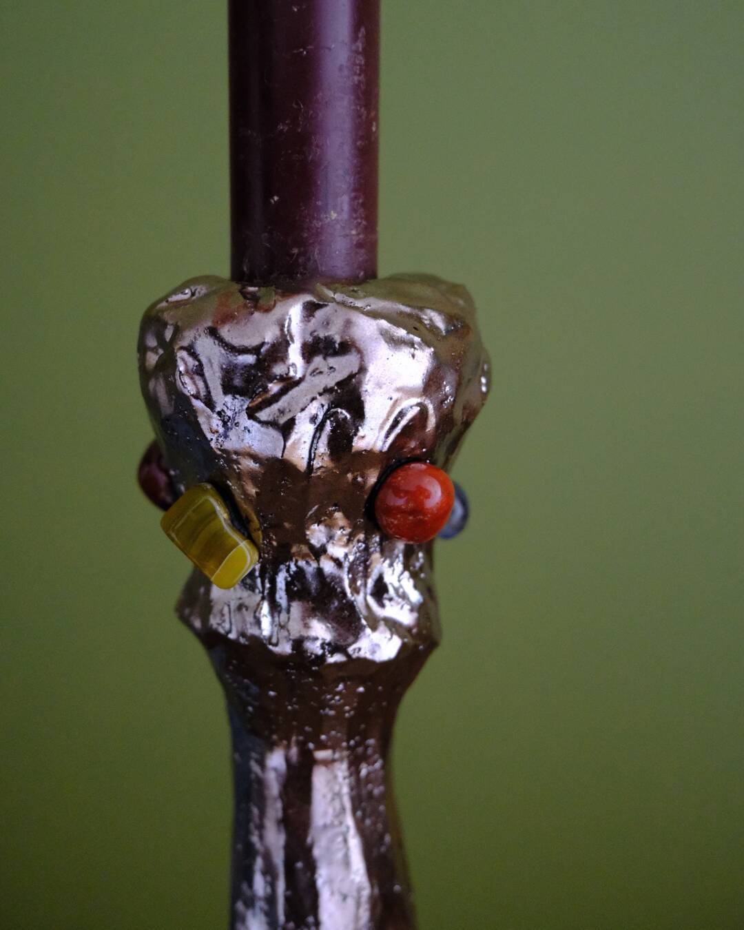 Handmade chrome candlestick with inlaid stones