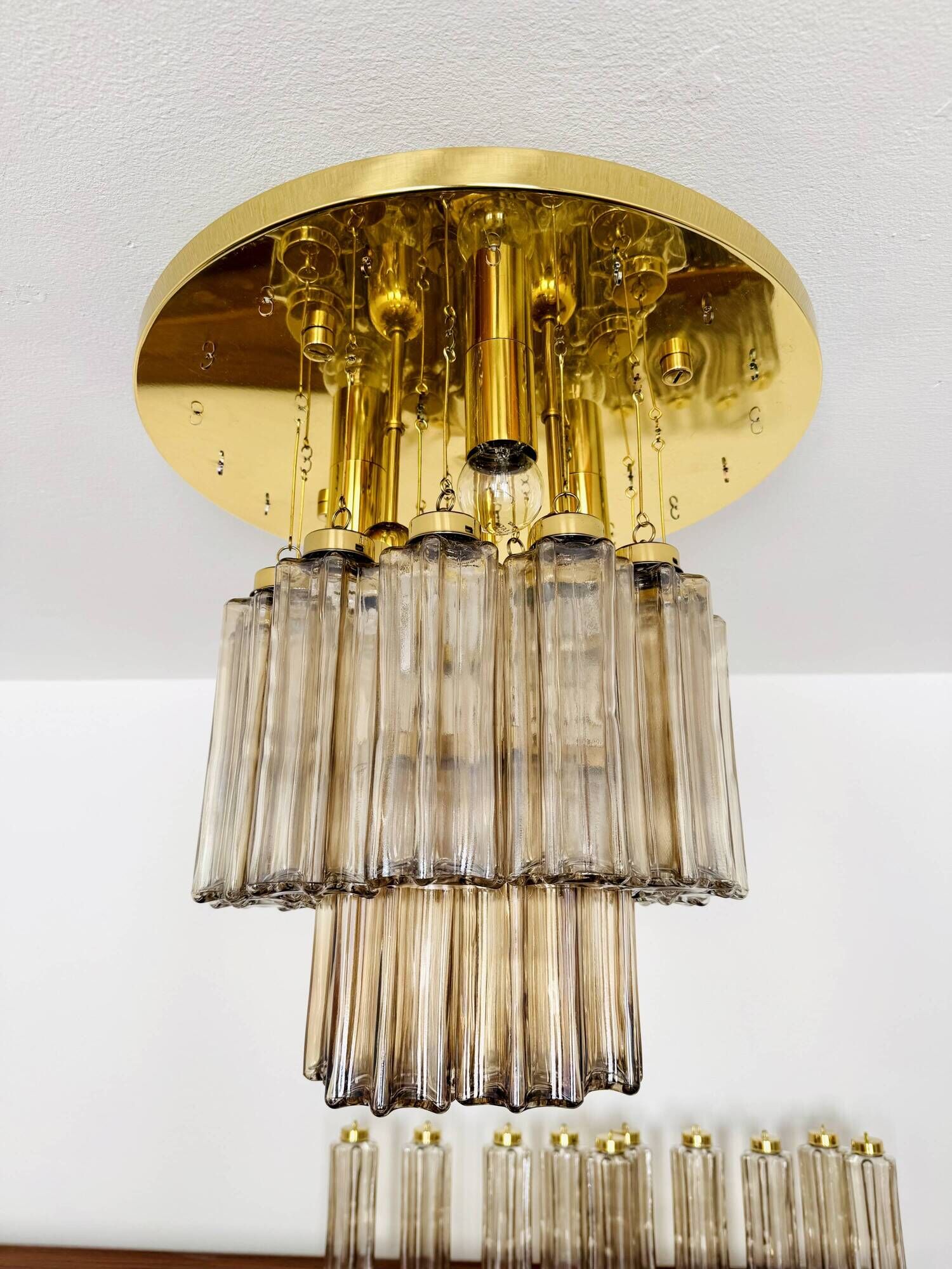 Brass and Smoked Glass Chandelier by Glashütte Limburg
