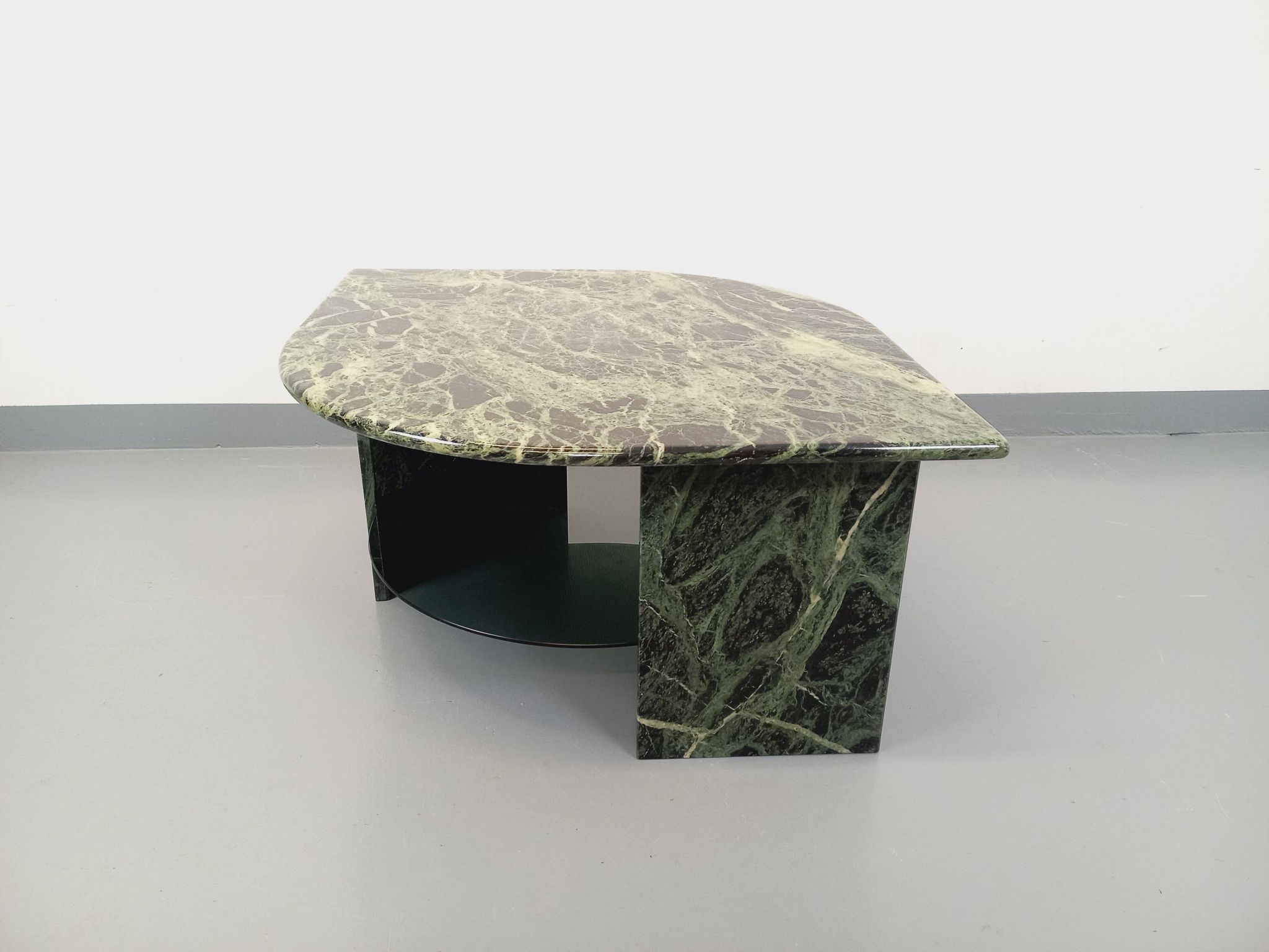 Vintage square coffee table with 2 green marble and smoked glass tops