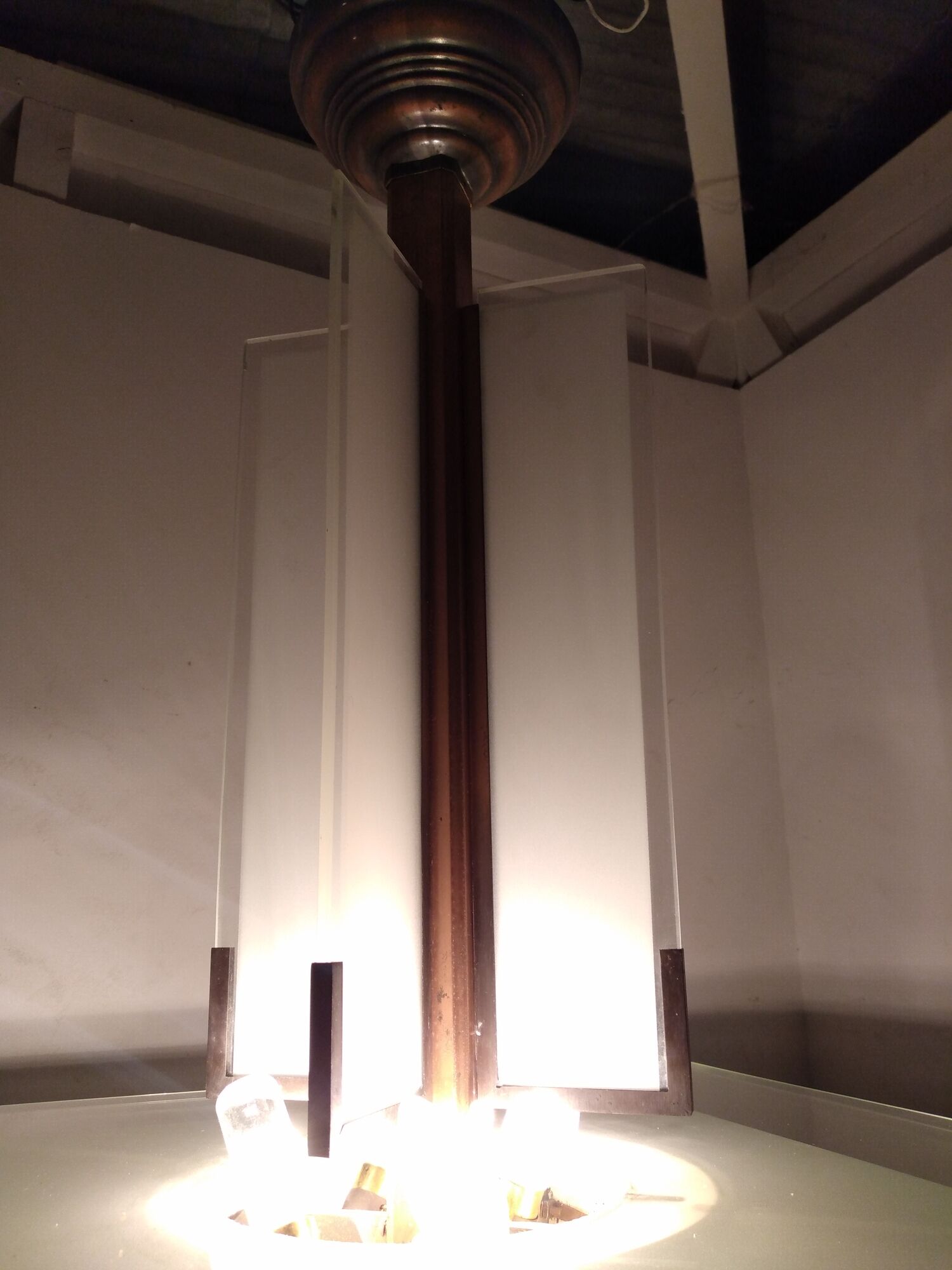 Modernist art deco chandelier/pendant lamp in glass and metal