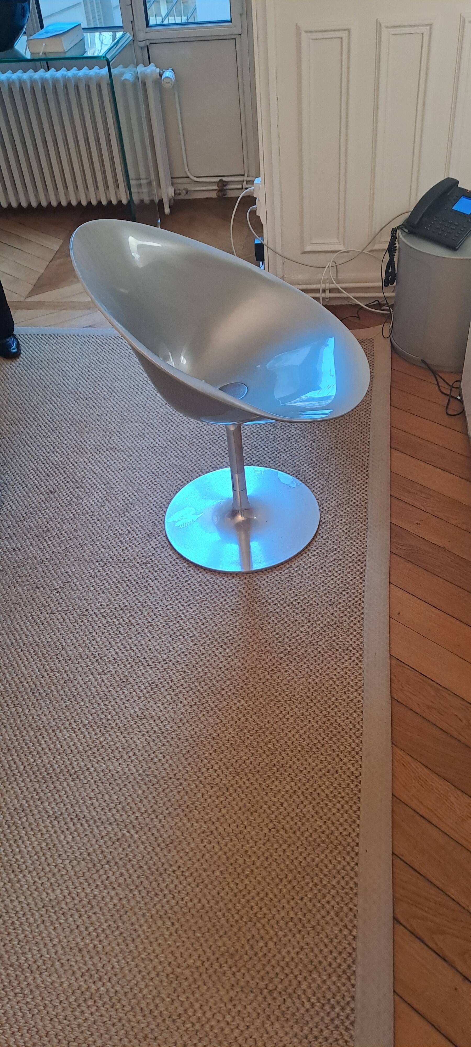 Pair of designer swivel armchairs in slightly metallic grey