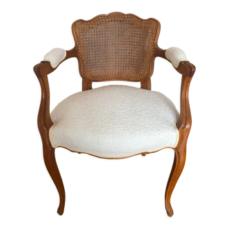 Fauteuil ancien cannage et laine bouclette