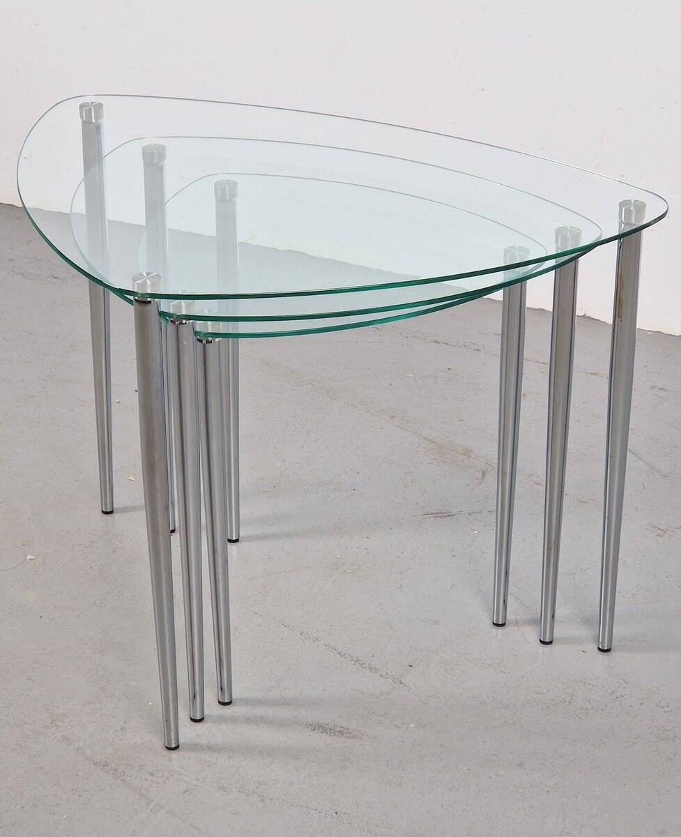 Triangular Nesting Tables in Glass and Metal, 1970s, Set of 3
