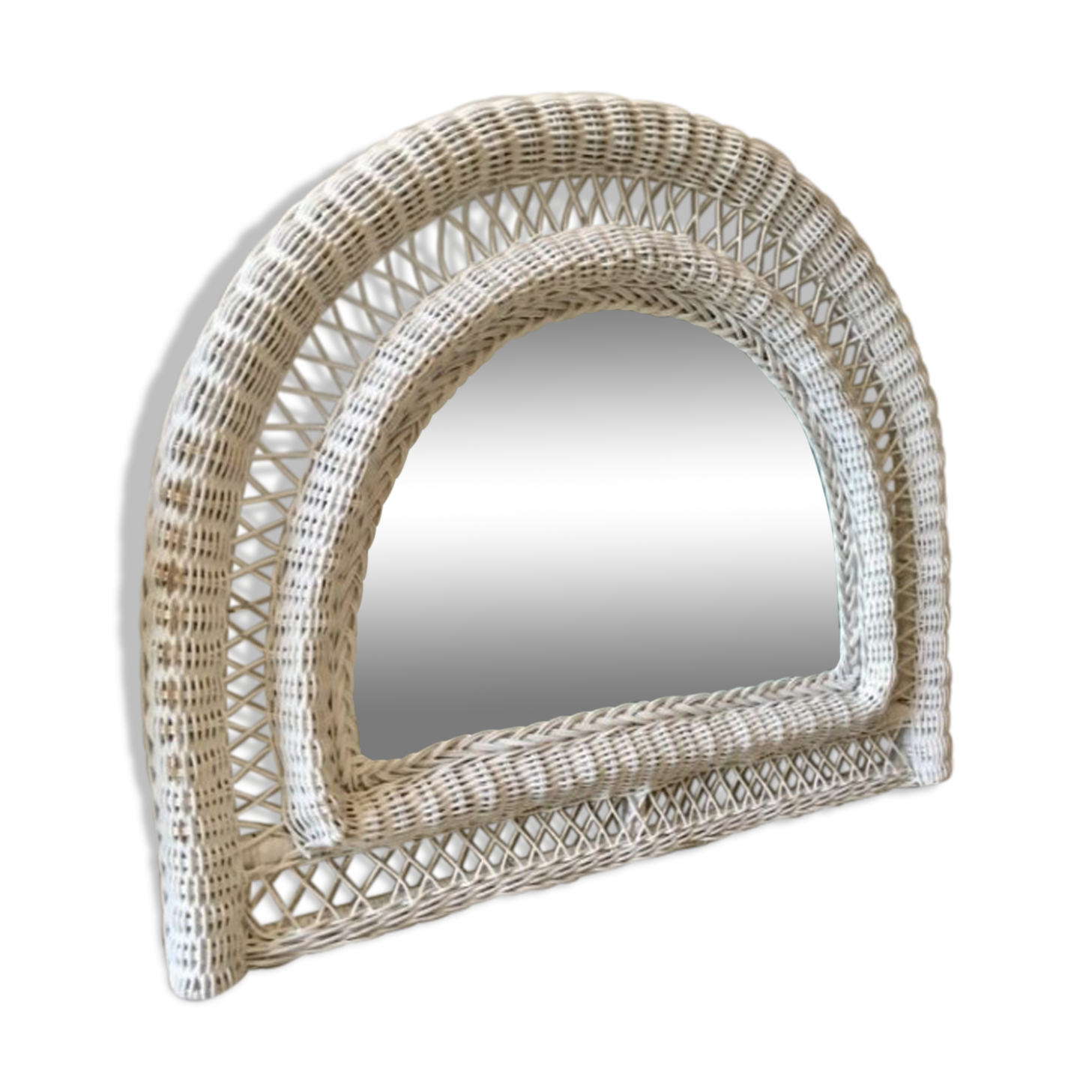 Vintage rattan mirror half moon white