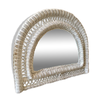 Vintage rattan mirror half moon white