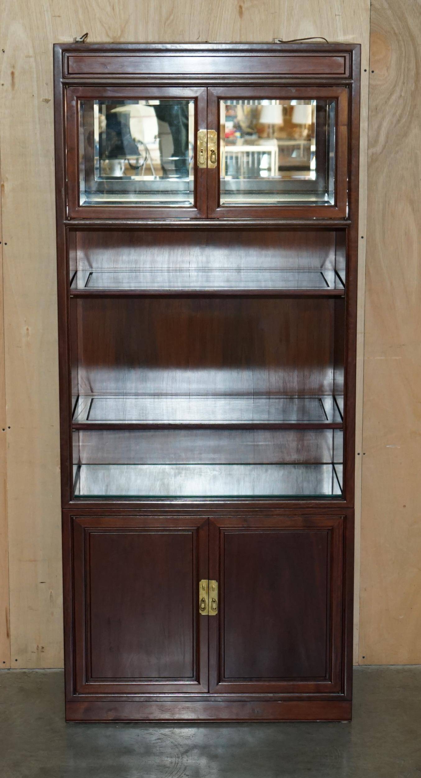 Set of three vintage hardwood military-style bookshelves.