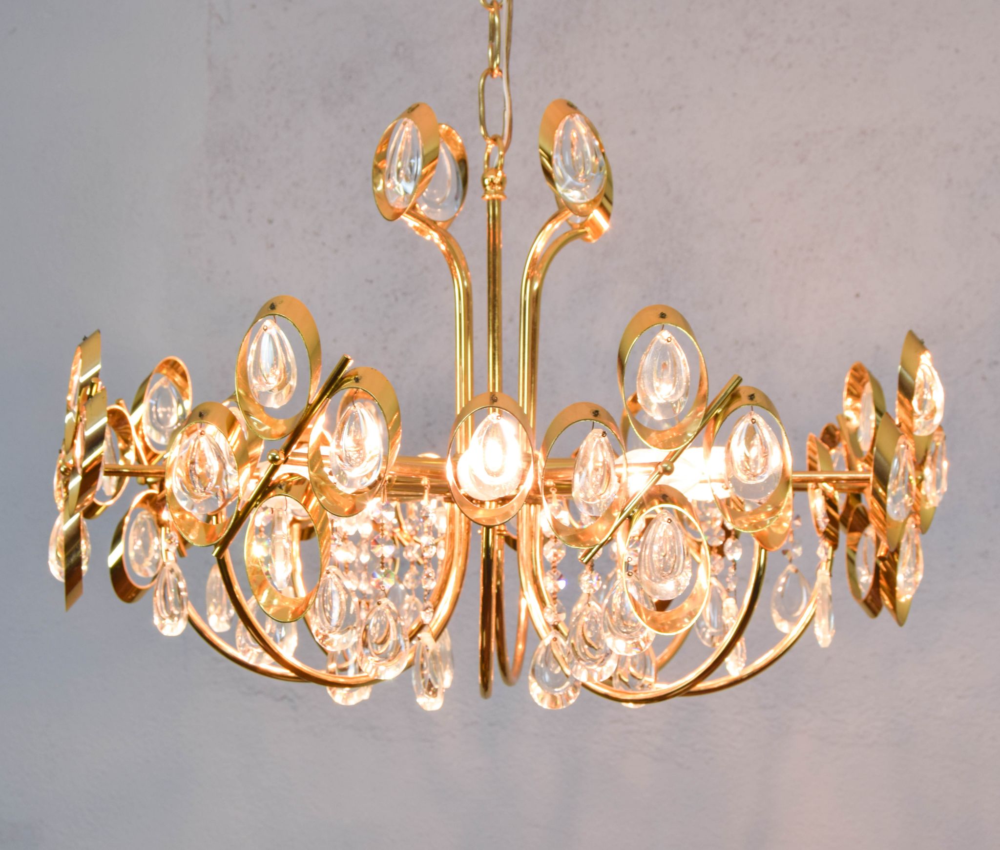 Mid century hollywood regency palwa gilt brass and crystal chandelier
