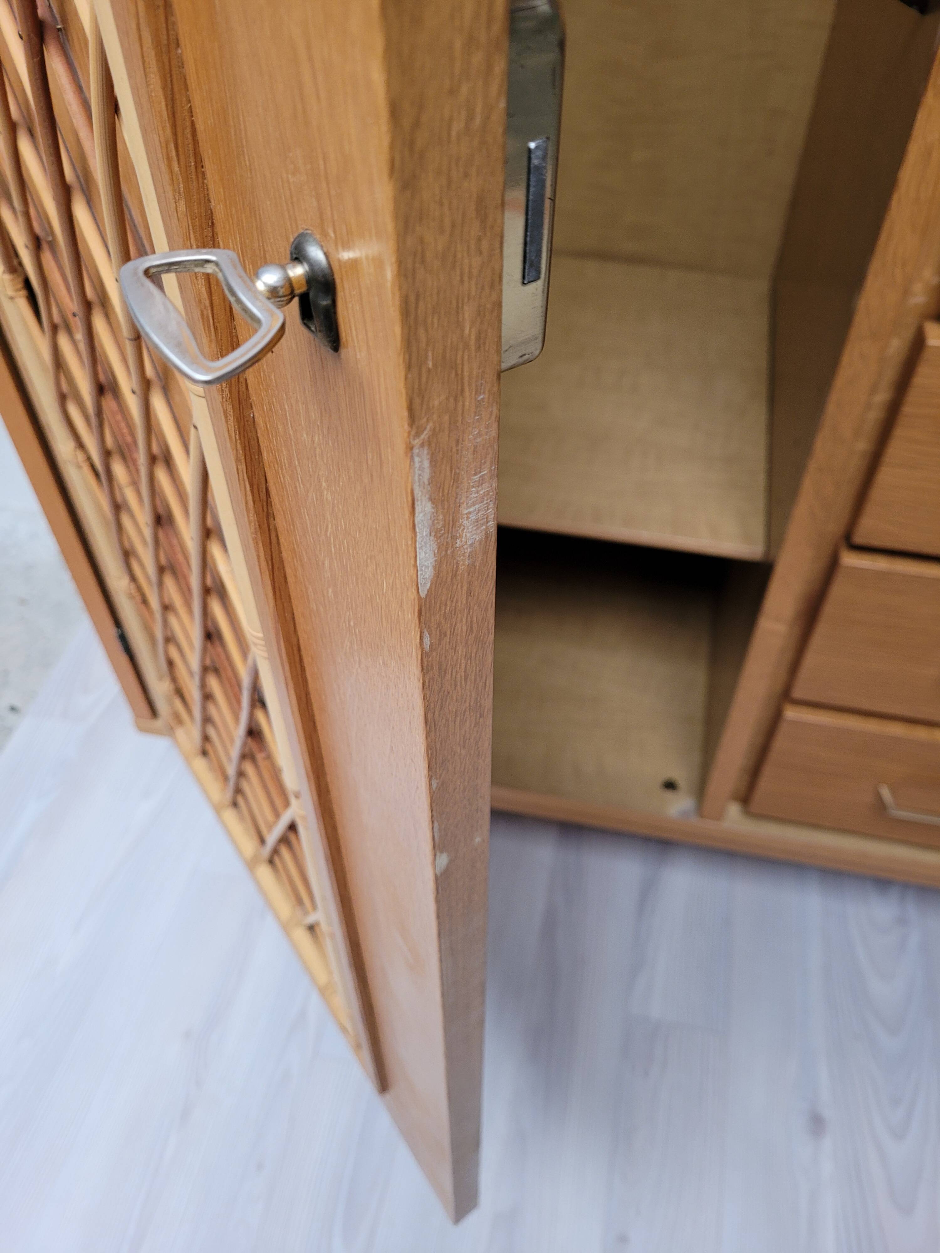Wooden and rattan chest of drawers, 1960s