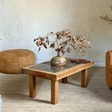 Brutalist coffee table in solid oak and marble from the 70s