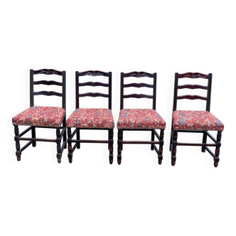 4 Henri II chairs in solid wood and floral burgundy fabric from the 19th century.