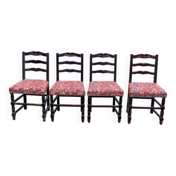 4 Henri II chairs in solid wood and floral burgundy fabric from the 19th century.