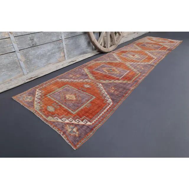 1970s Vintage Turkish Oushak Diamond Wool Runner 90x351