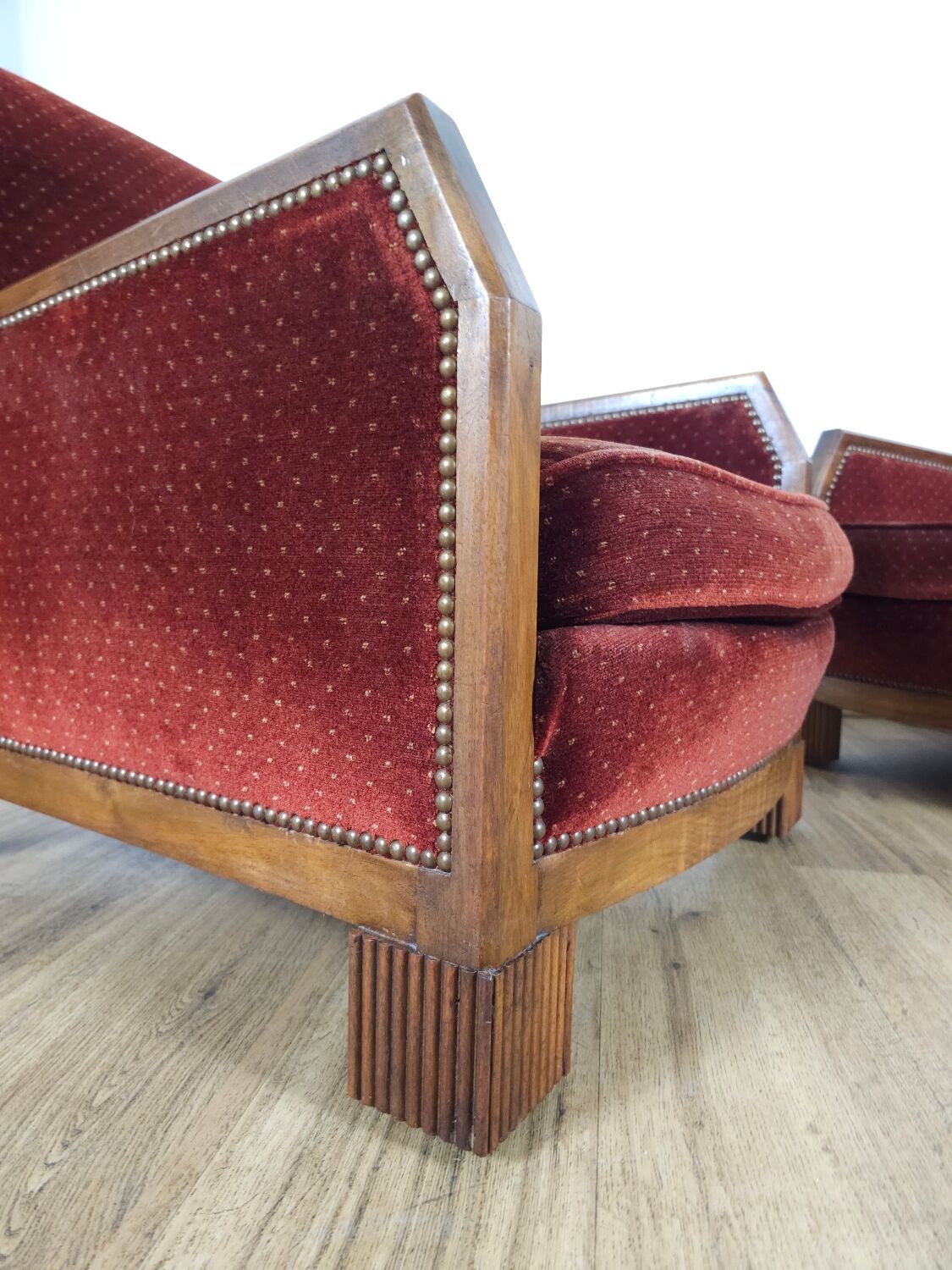 Pair of Art Deco Armchairs, Solid Wood and Red Velvet