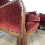 Pair of Art Deco Armchairs, Solid Wood and Red Velvet