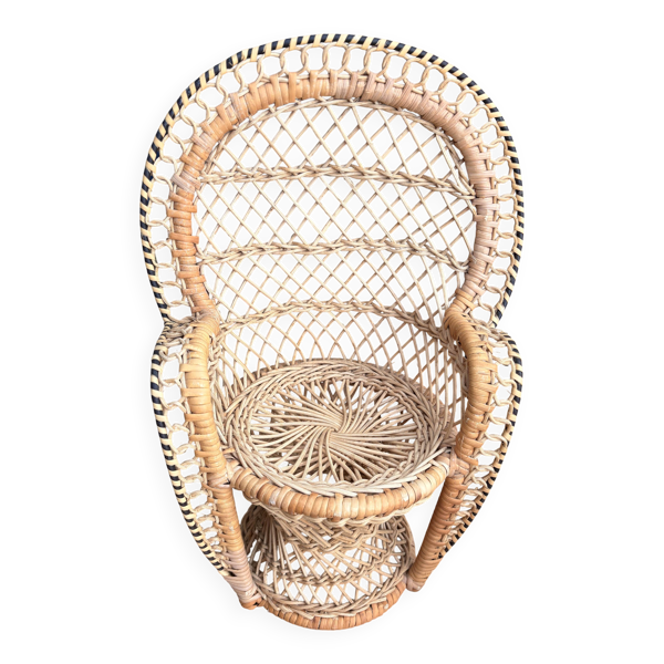 Chaise Paon Miniature Rotin Tressé — Porte-Plante Bohème Vintage — Année 70